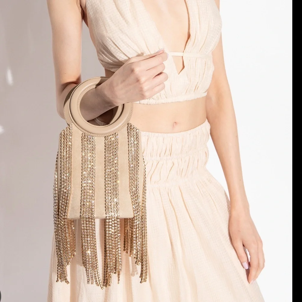 Cult Gaia Taryn Embellished Top Handle Bag in Sand Dollar